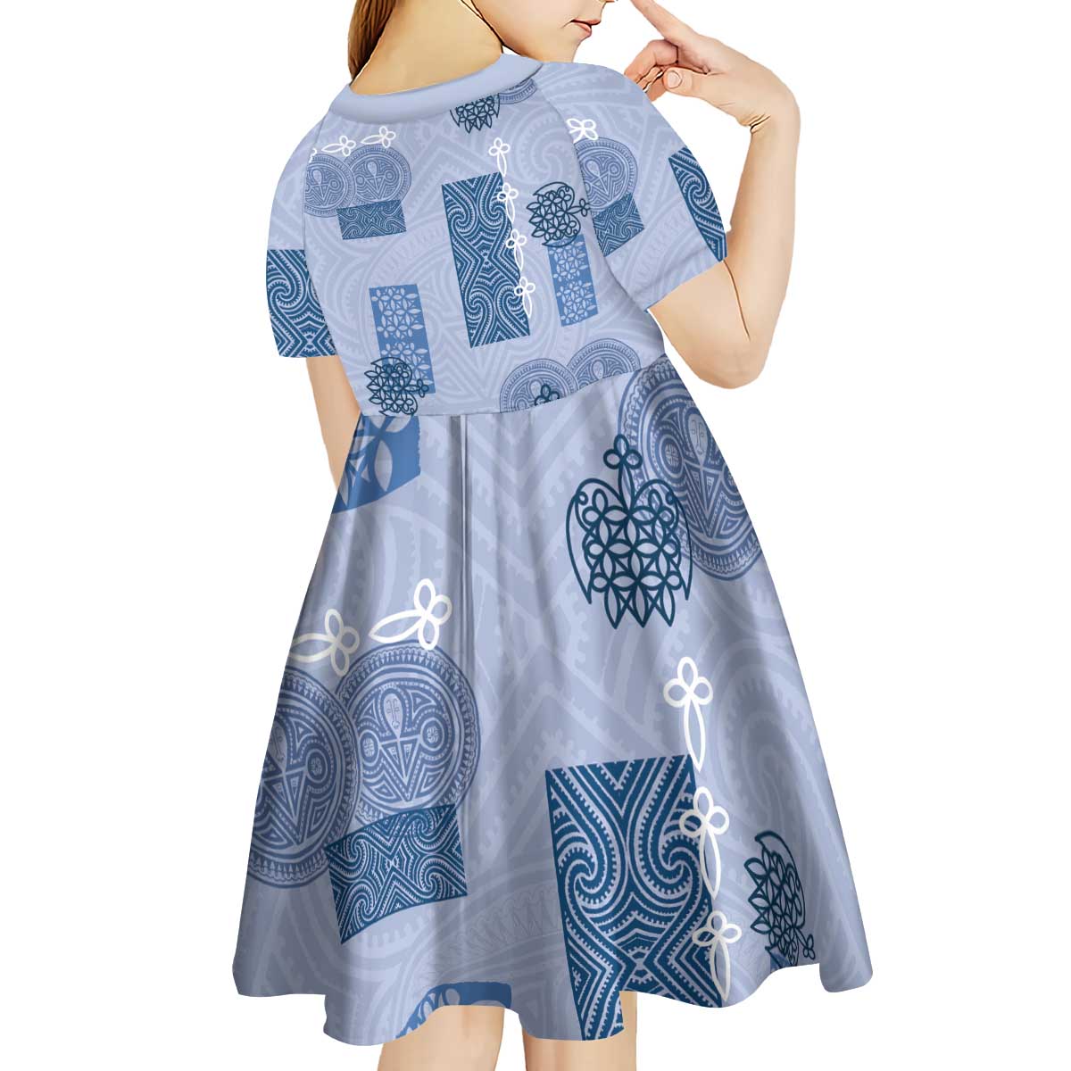 Vintage Lapita Kid Short Sleeve Dress Iconic Double Face Pattern Blue LT05 - Polynesian Pride