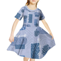 Vintage Lapita Kid Short Sleeve Dress Iconic Double Face Pattern Blue LT05 - Polynesian Pride