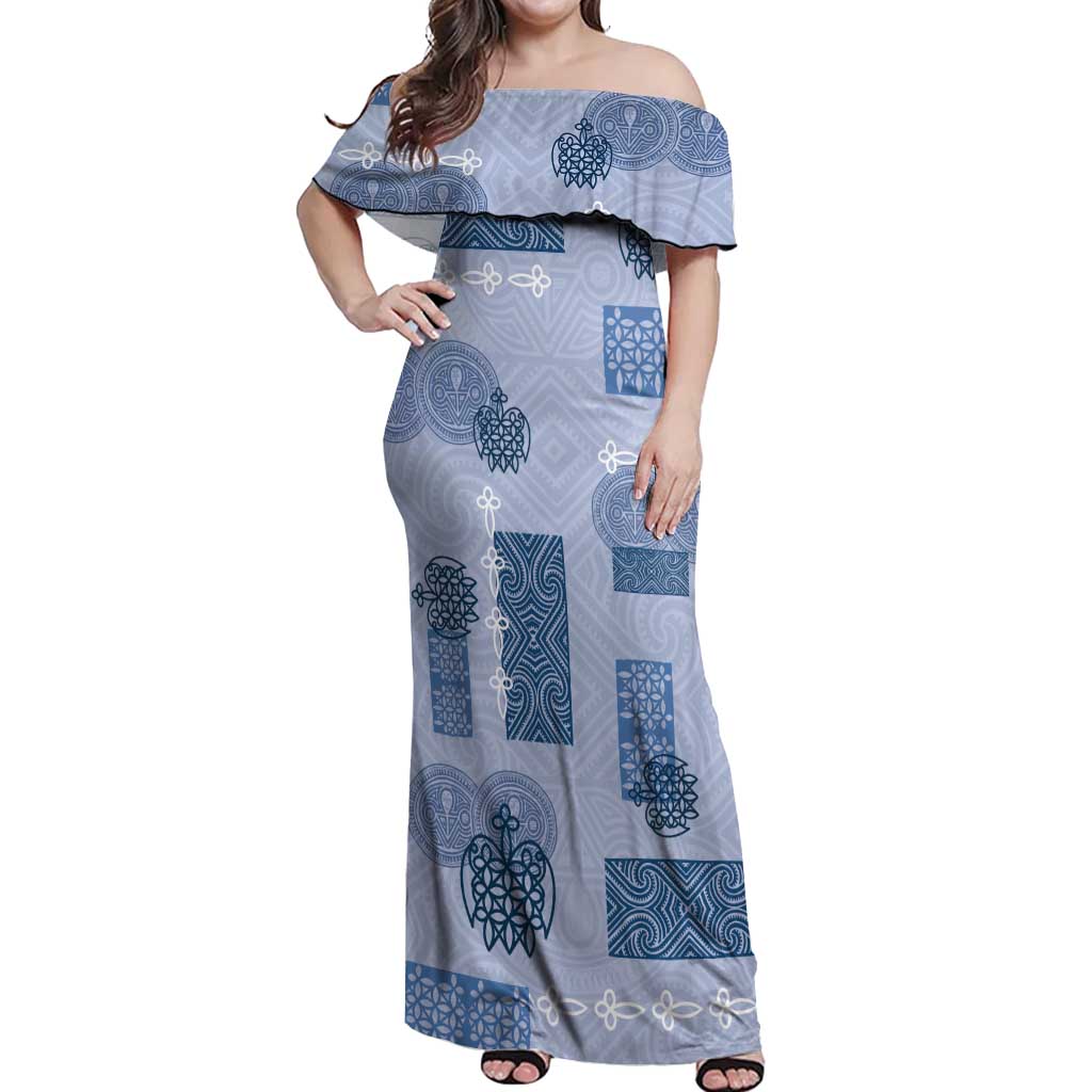 Vintage Lapita Off Shoulder Maxi Dress Iconic Double Face Pattern Blue LT05 Women Blue - Polynesian Pride
