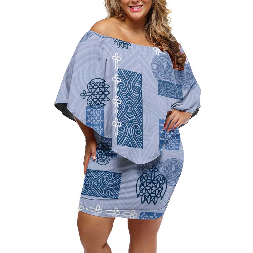 Vintage Lapita Off Shoulder Short Dress Iconic Double Face Pattern Blue LT05 Women Blue - Polynesian Pride