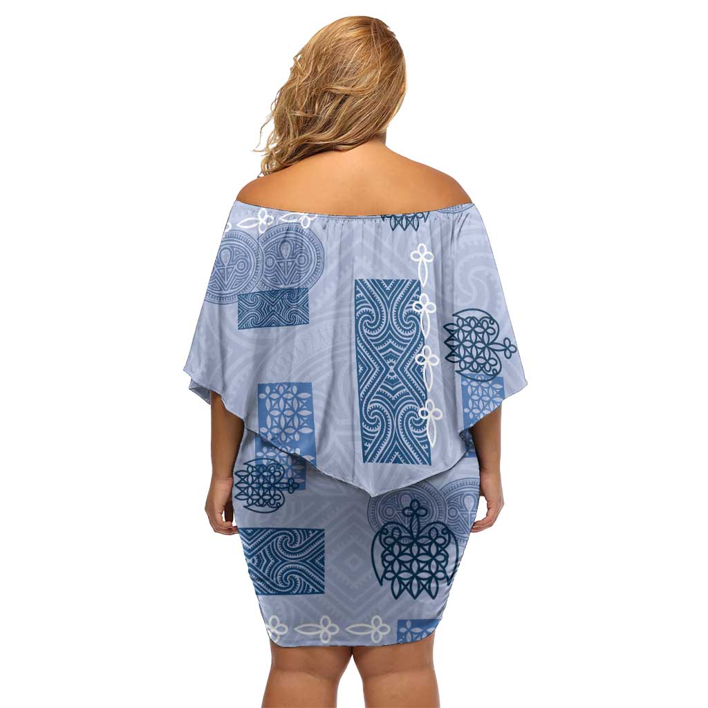 Vintage Lapita Off Shoulder Short Dress Iconic Double Face Pattern Blue LT05 - Polynesian Pride