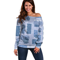 Vintage Lapita Off Shoulder Sweater Iconic Double Face Pattern Blue LT05 Women Blue - Polynesian Pride