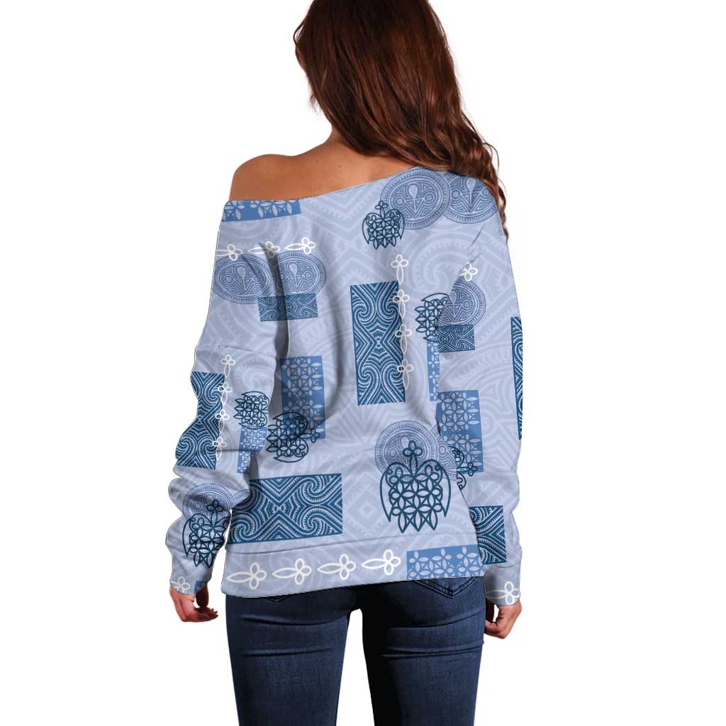 Vintage Lapita Off Shoulder Sweater Iconic Double Face Pattern Blue LT05 - Polynesian Pride
