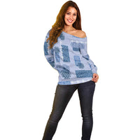 Vintage Lapita Off Shoulder Sweater Iconic Double Face Pattern Blue LT05 - Polynesian Pride