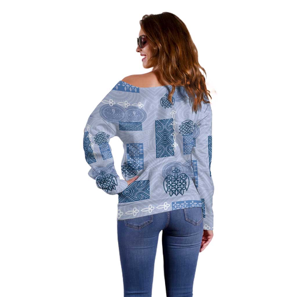 Vintage Lapita Off Shoulder Sweater Iconic Double Face Pattern Blue LT05 - Polynesian Pride