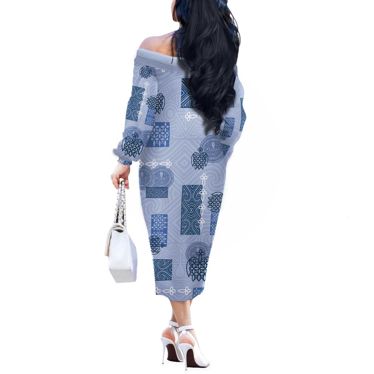 Vintage Lapita Off The Shoulder Long Sleeve Dress Iconic Double Face Pattern Blue LT05 - Polynesian Pride
