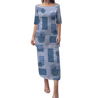 Vintage Lapita Puletasi Iconic Double Face Pattern Blue LT05 Long Dress Blue - Polynesian Pride