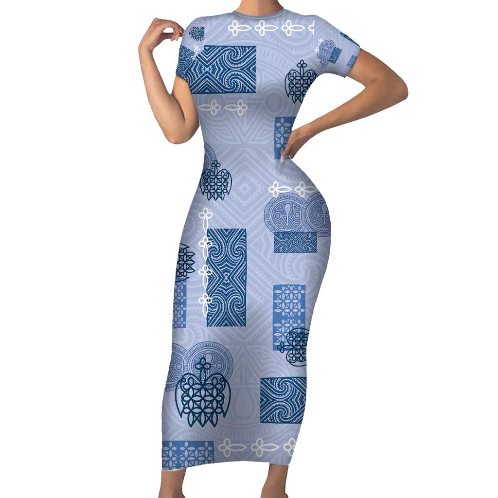 Vintage Lapita Short Sleeve Bodycon Dress Iconic Double Face Pattern Blue LT05 Long Dress Blue - Polynesian Pride