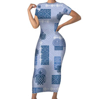 Vintage Lapita Short Sleeve Bodycon Dress Iconic Double Face Pattern Blue LT05 Long Dress Blue - Polynesian Pride