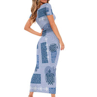 Vintage Lapita Short Sleeve Bodycon Dress Iconic Double Face Pattern Blue LT05 - Polynesian Pride