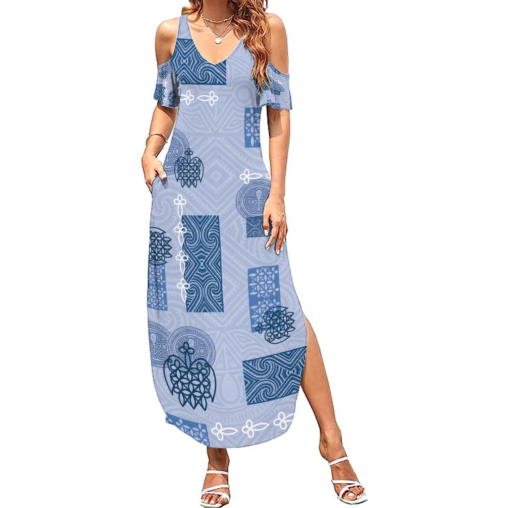 Vintage Lapita Summer Maxi Dress Iconic Double Face Pattern Blue LT05 Women Blue - Polynesian Pride
