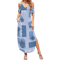 Vintage Lapita Summer Maxi Dress Iconic Double Face Pattern Blue LT05 Women Blue - Polynesian Pride
