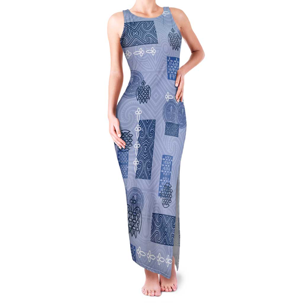 Vintage Lapita Tank Maxi Dress Iconic Double Face Pattern Blue LT05 Women Blue - Polynesian Pride