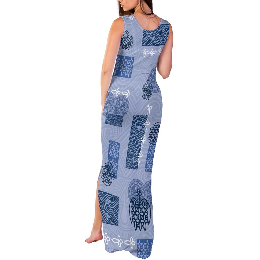 Vintage Lapita Tank Maxi Dress Iconic Double Face Pattern Blue LT05 - Polynesian Pride