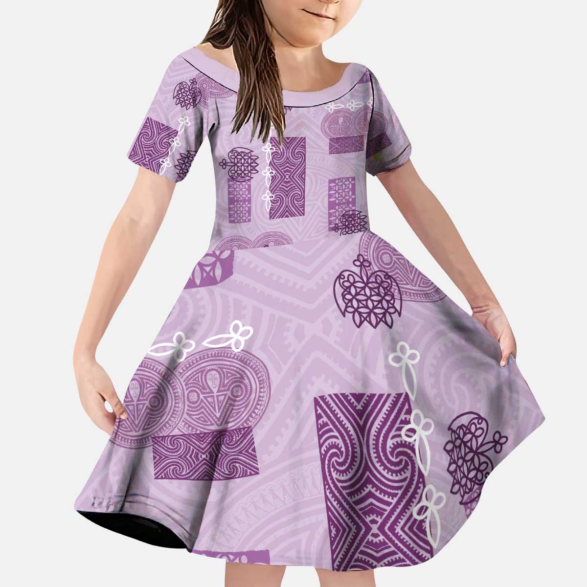 Vintage Lapita Kid Short Sleeve Dress Iconic Double Face Pattern Violet LT05 KID Violet - Polynesian Pride