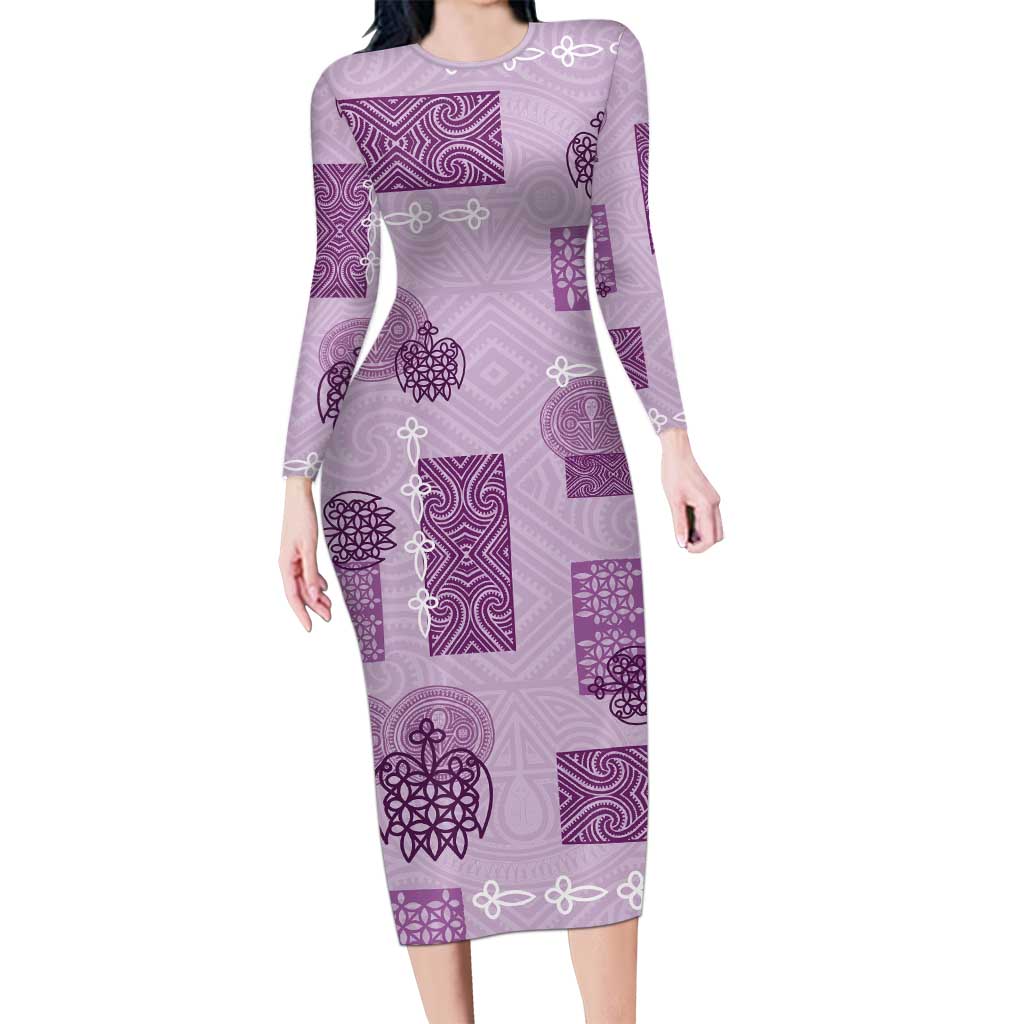 Vintage Lapita Long Sleeve Bodycon Dress Iconic Double Face Pattern Violet LT05 Long Dress Violet - Polynesian Pride