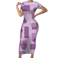 Vintage Lapita Short Sleeve Bodycon Dress Iconic Double Face Pattern Violet LT05 Long Dress Violet - Polynesian Pride