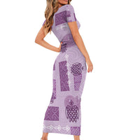Vintage Lapita Short Sleeve Bodycon Dress Iconic Double Face Pattern Violet LT05 - Polynesian Pride