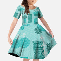 Vintage Lapita Kid Short Sleeve Dress Iconic Double Face Pattern Turquoise LT05 KID Turquoise - Polynesian Pride
