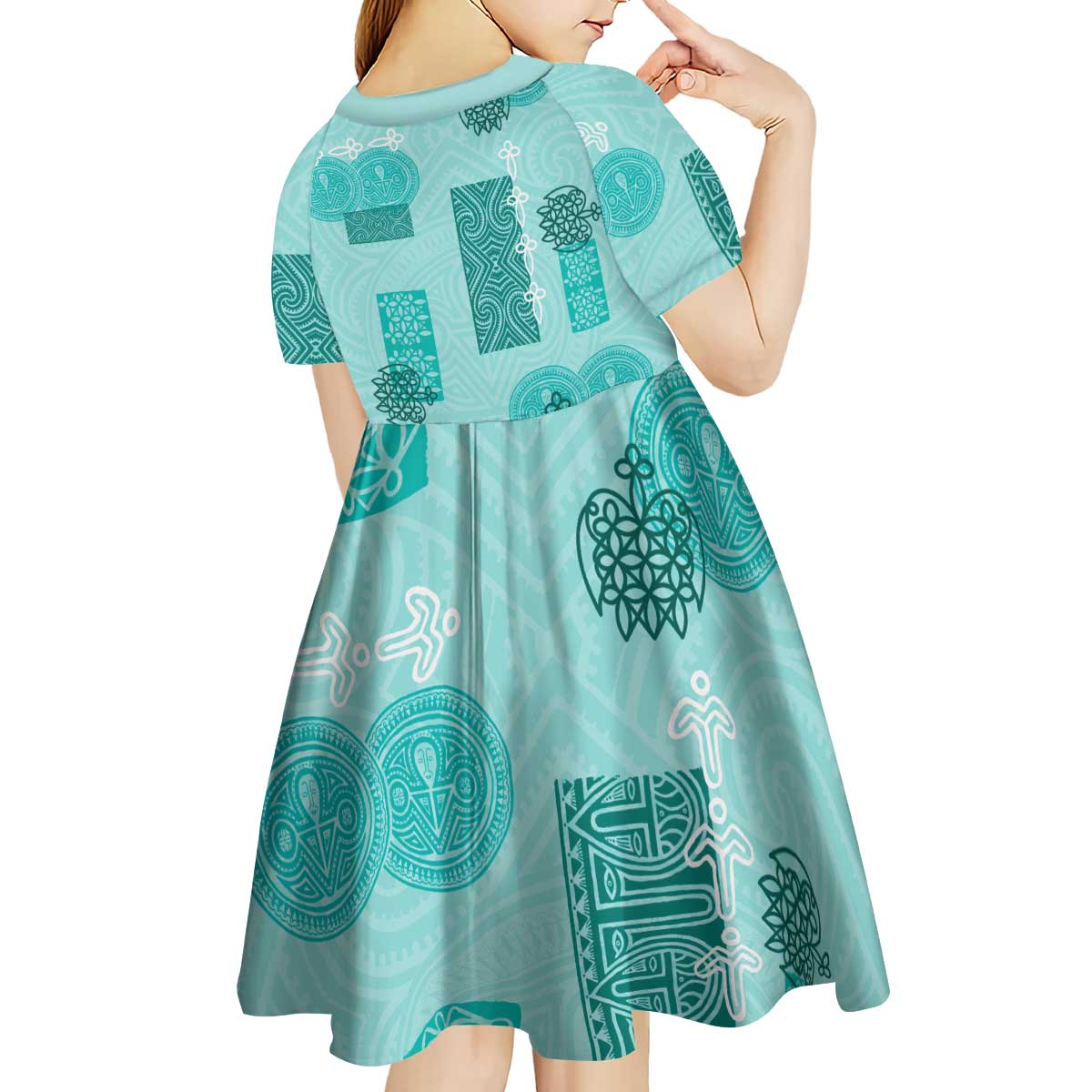 Vintage Lapita Kid Short Sleeve Dress Iconic Double Face Pattern Turquoise LT05 - Polynesian Pride