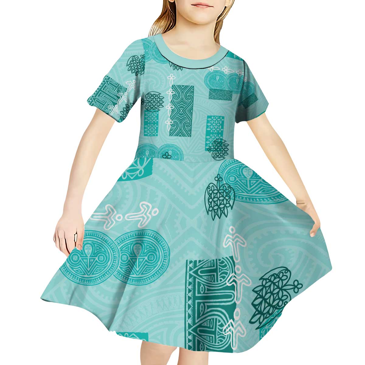 Vintage Lapita Kid Short Sleeve Dress Iconic Double Face Pattern Turquoise LT05 - Polynesian Pride