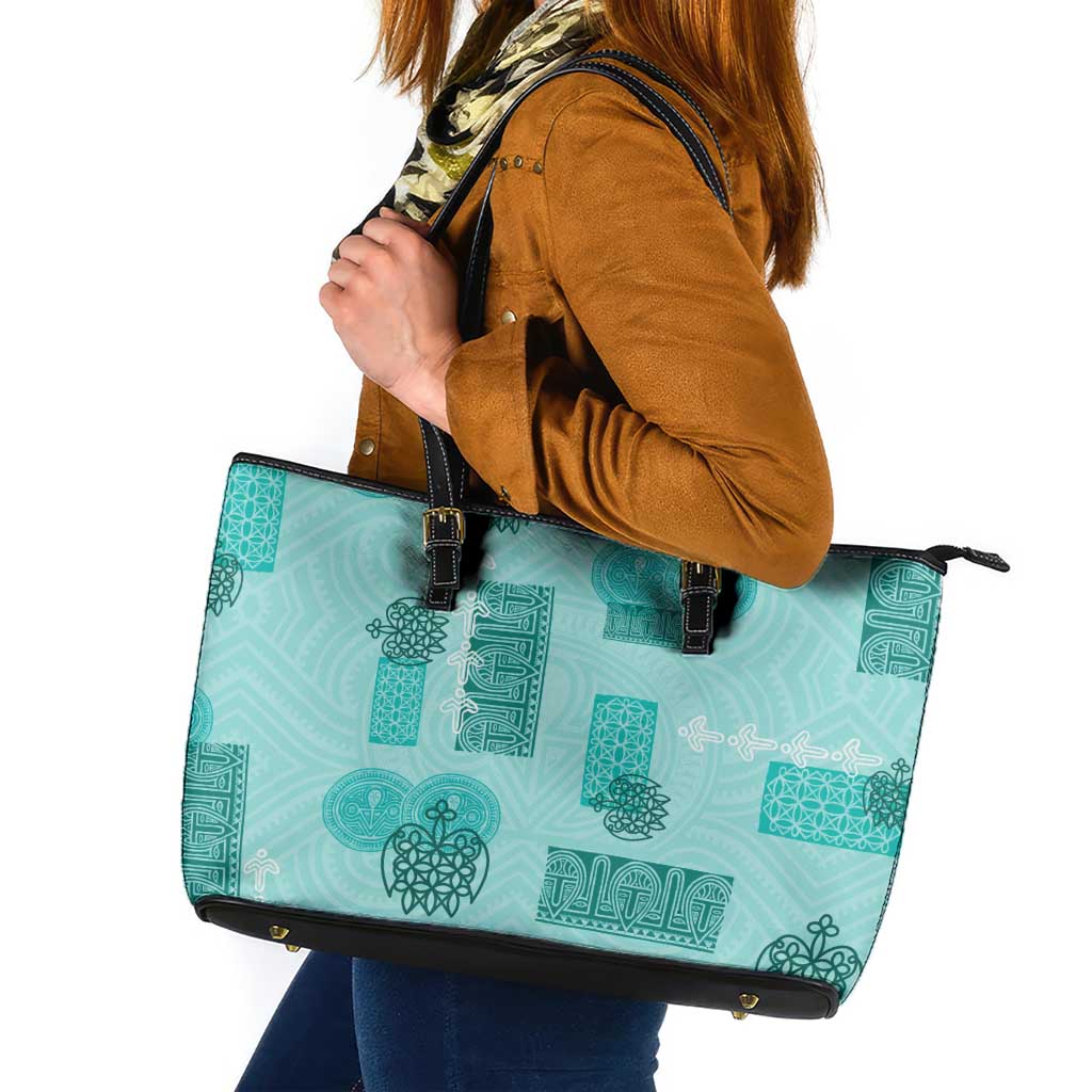 Vintage Lapita Leather Tote Bag Iconic Double Face Pattern Turquoise LT05 Turquoise - Polynesian Pride