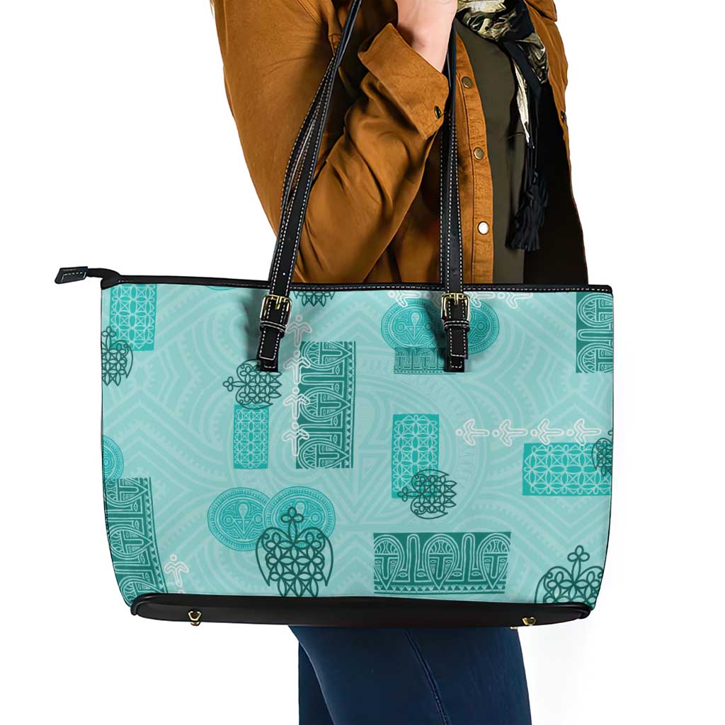 Vintage Lapita Leather Tote Bag Iconic Double Face Pattern Turquoise LT05 - Polynesian Pride