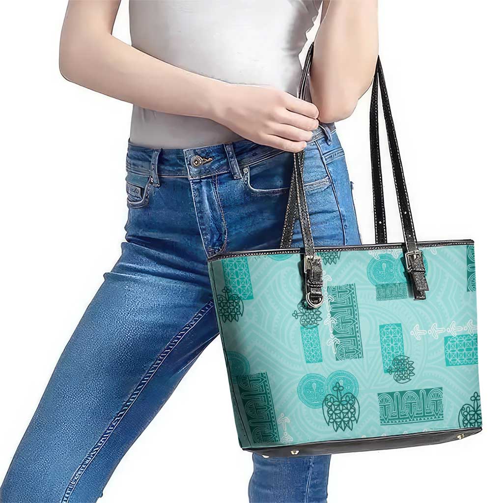 Vintage Lapita Leather Tote Bag Iconic Double Face Pattern Turquoise LT05 - Polynesian Pride