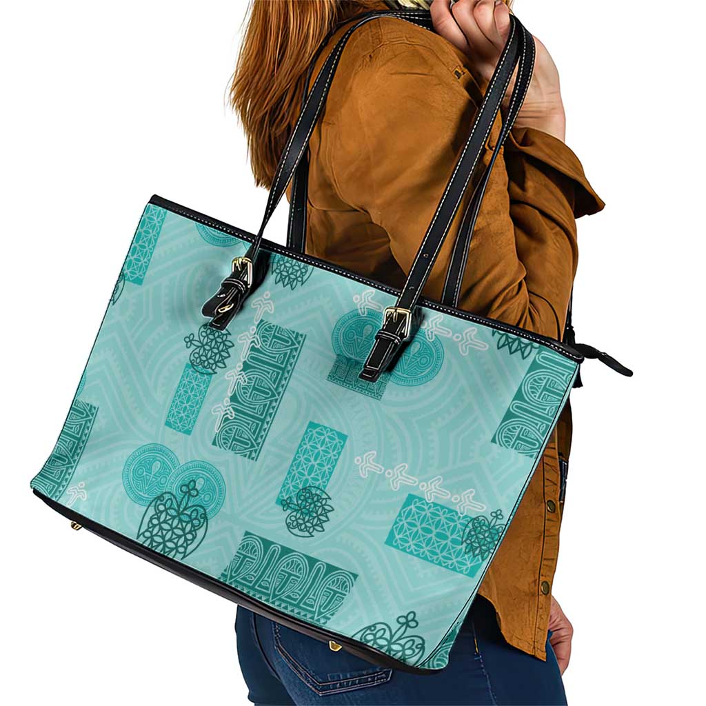 Vintage Lapita Leather Tote Bag Iconic Double Face Pattern Turquoise LT05 - Polynesian Pride