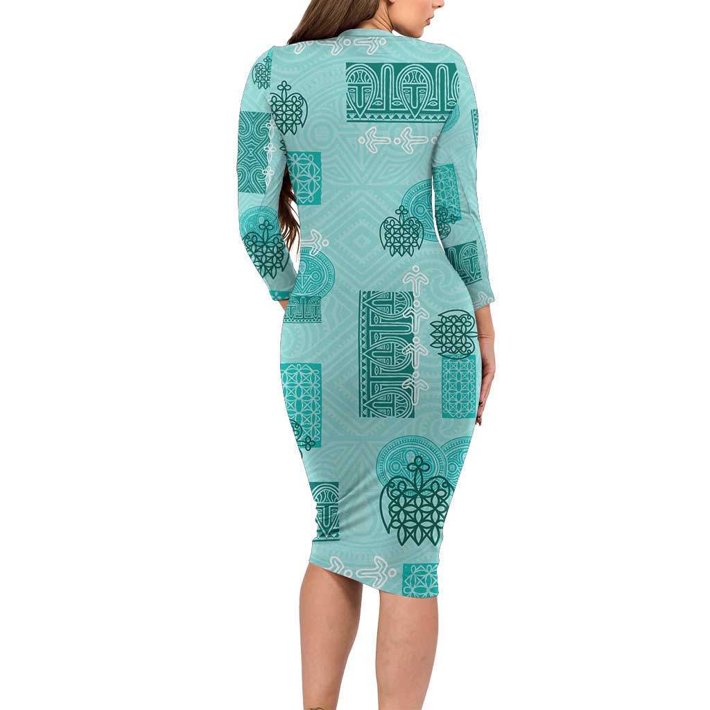 Vintage Lapita Long Sleeve Bodycon Dress Iconic Double Face Pattern Turquoise LT05 - Polynesian Pride