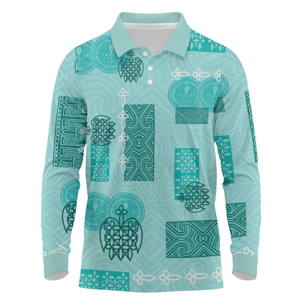 Vintage Lapita Long Sleeve Polo Shirt Iconic Double Face Pattern Turquoise LT05 Turquoise - Polynesian Pride