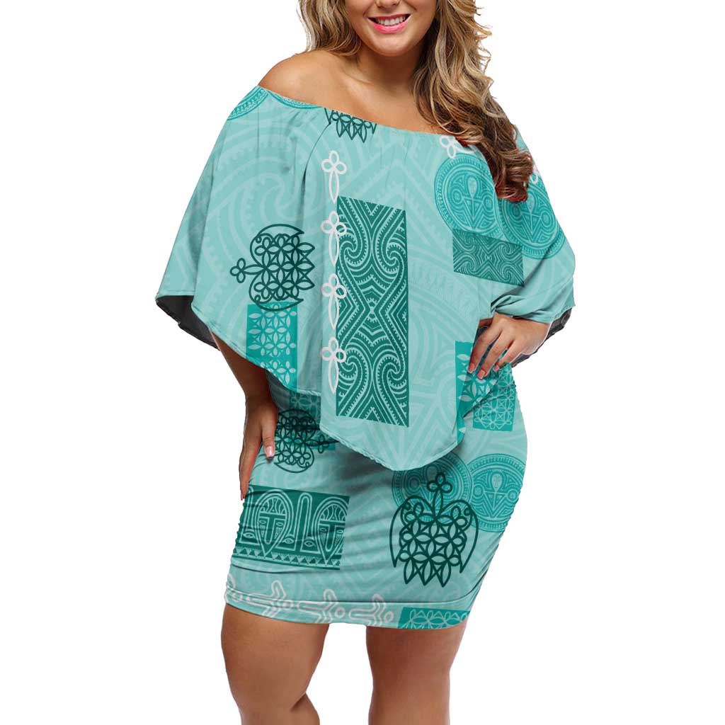 Vintage Lapita Off Shoulder Short Dress Iconic Double Face Pattern Turquoise LT05 Women Turquoise - Polynesian Pride