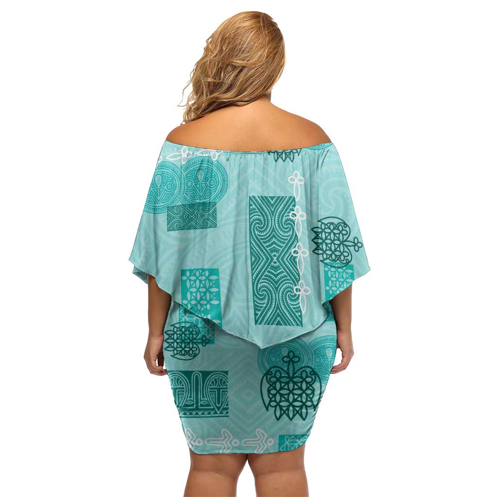 Vintage Lapita Off Shoulder Short Dress Iconic Double Face Pattern Turquoise LT05 - Polynesian Pride