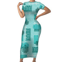 Vintage Lapita Short Sleeve Bodycon Dress Iconic Double Face Pattern Turquoise LT05 Long Dress Turquoise - Polynesian Pride