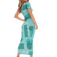 Vintage Lapita Short Sleeve Bodycon Dress Iconic Double Face Pattern Turquoise LT05 - Polynesian Pride