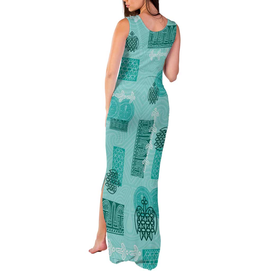Vintage Lapita Tank Maxi Dress Iconic Double Face Pattern Turquoise LT05 - Polynesian Pride