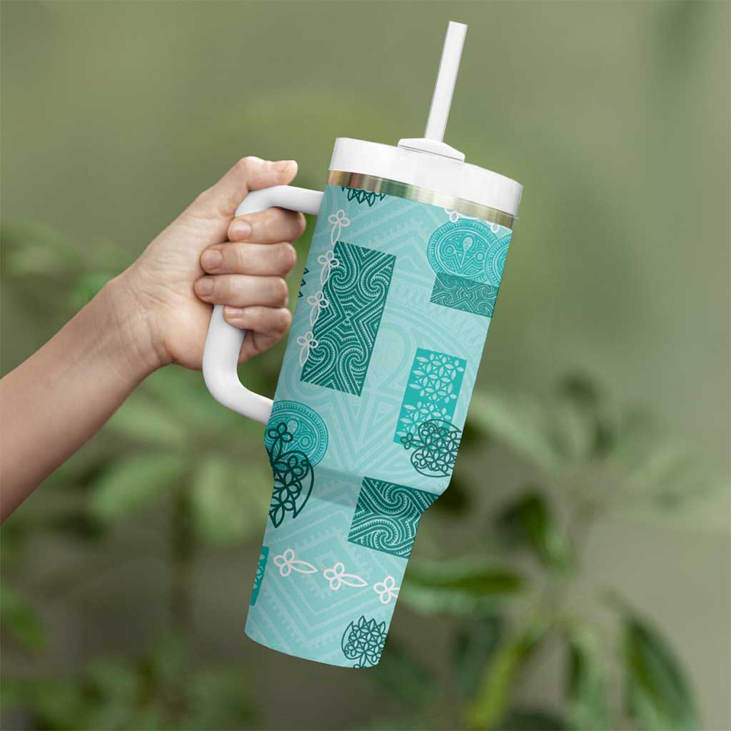Vintage Lapita Tumbler With Handle Iconic Double Face Pattern Turquoise LT05 - Polynesian Pride
