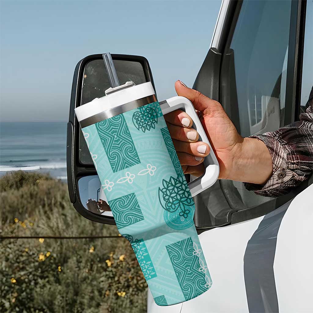 Vintage Lapita Tumbler With Handle Iconic Double Face Pattern Turquoise LT05 - Polynesian Pride