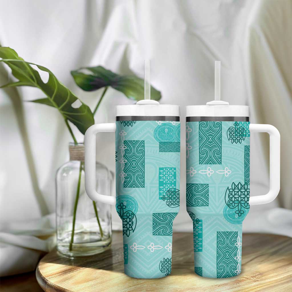 Vintage Lapita Tumbler With Handle Iconic Double Face Pattern Turquoise LT05 - Polynesian Pride