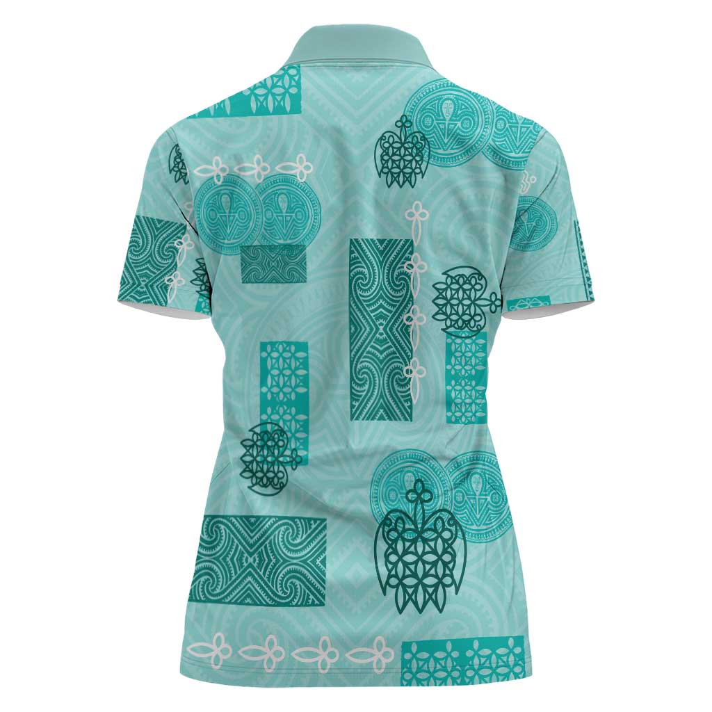 Vintage Lapita Women Polo Shirt Iconic Double Face Pattern Turquoise LT05 - Polynesian Pride