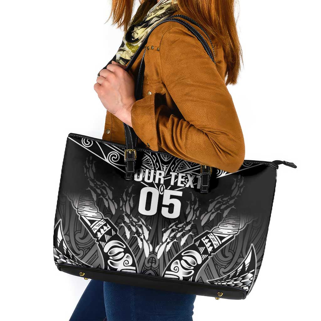 Custom New Zealand Fishing Leather Tote Bag Aotearoa Maori Koru LT05 Black - Polynesian Pride