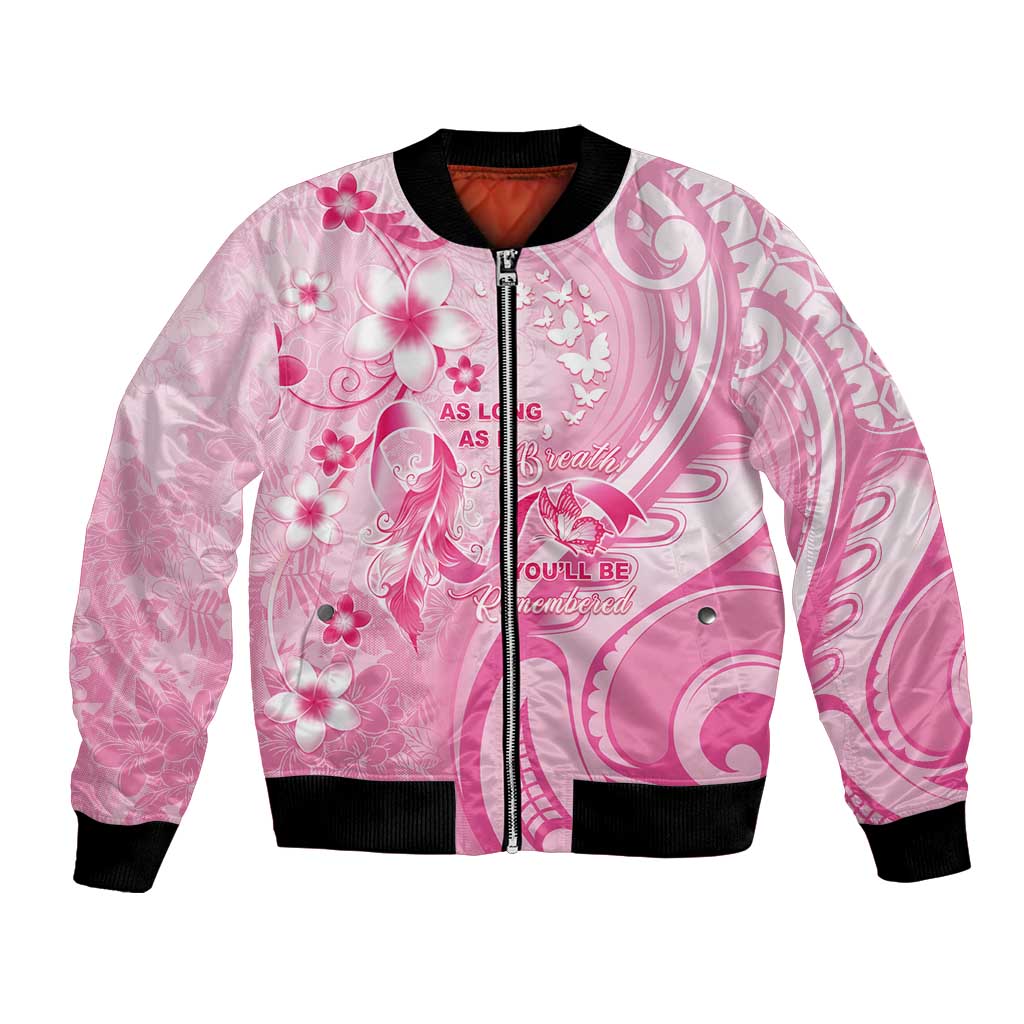 Personalised Memorial Pink Breast Cancer Awareness Bomber Jacket Plumeria Floral Tribal Pattern LT05 Unisex Pink - Polynesian Pride