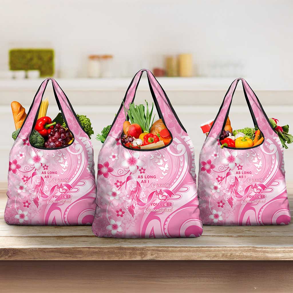Memorial Pink Breast Cancer Awareness Grocery Bag Plumeria Floral Tribal Pattern LT05 3-pack One Size Pink - Polynesian Pride