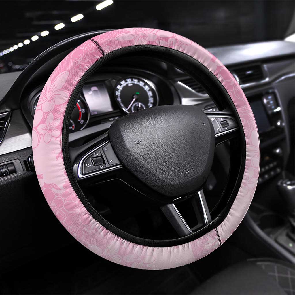 Memorial Pink Breast Cancer Awareness Steering Wheel Cover Plumeria Floral Tribal Pattern LT05 Universal Fit Pink - Polynesian Pride