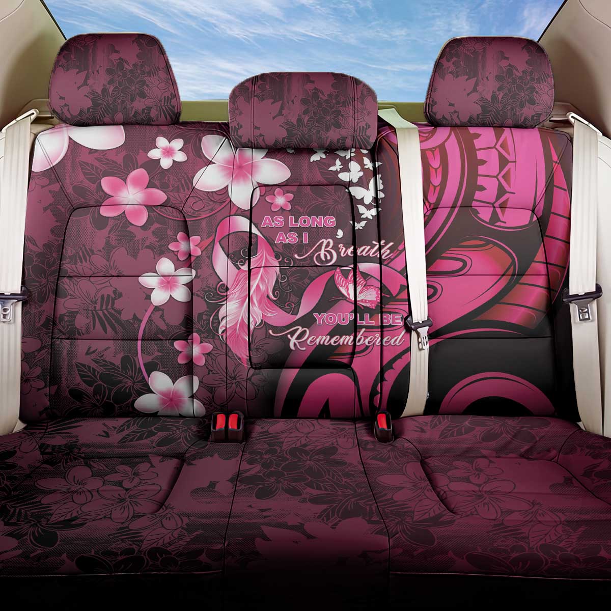 Memorial Breast Cancer Awareness Back Car Seat Cover Plumeria Floral Tribal Pattern LT05 One Size Black - Polynesian Pride