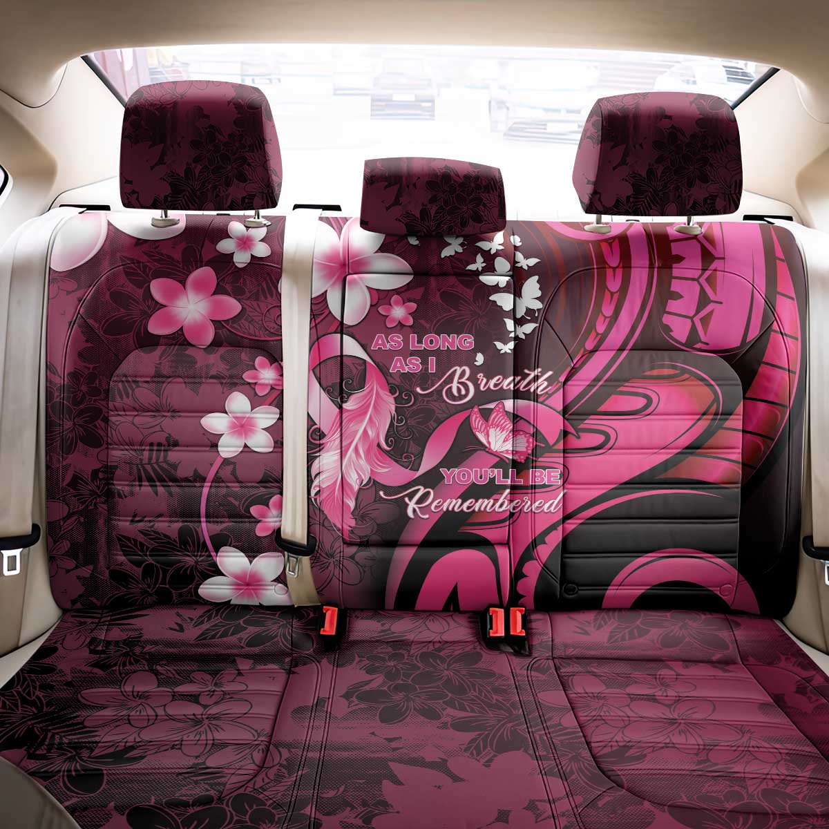 Memorial Breast Cancer Awareness Back Car Seat Cover Plumeria Floral Tribal Pattern LT05 - Polynesian Pride