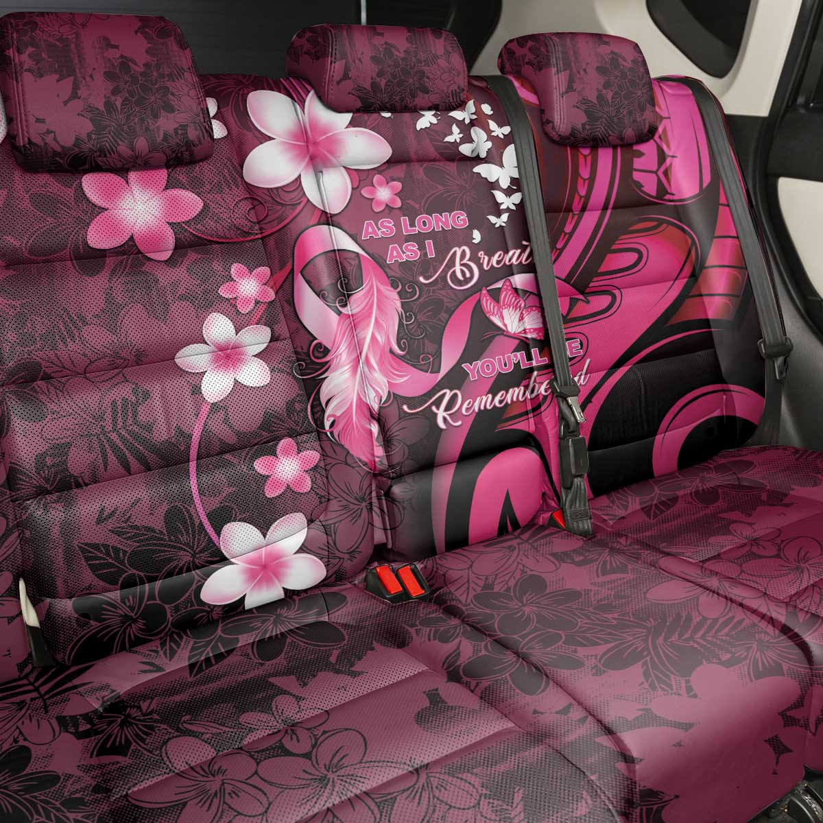 Memorial Breast Cancer Awareness Back Car Seat Cover Plumeria Floral Tribal Pattern LT05 - Polynesian Pride
