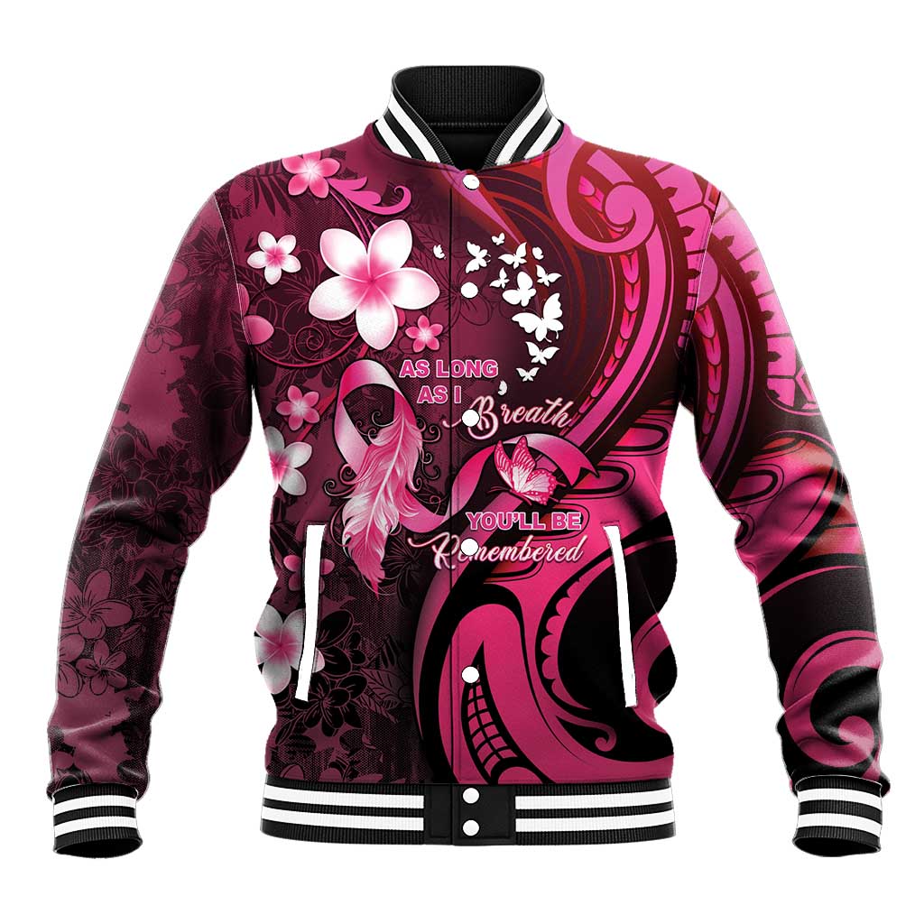 Personalised Memorial Breast Cancer Awareness Baseball Jacket Plumeria Floral Tribal Pattern LT05 Unisex Black - Polynesian Pride