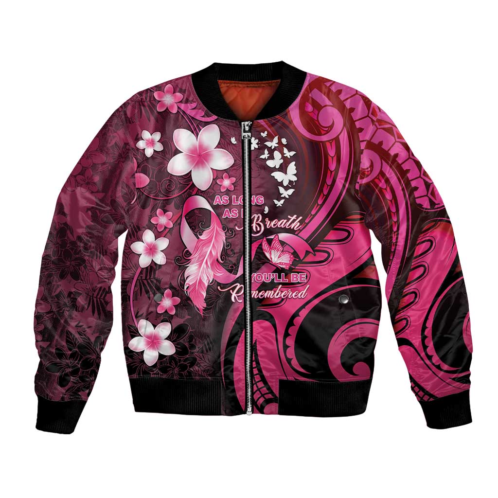 Personalised Memorial Breast Cancer Awareness Bomber Jacket Plumeria Floral Tribal Pattern LT05 Unisex Black - Polynesian Pride