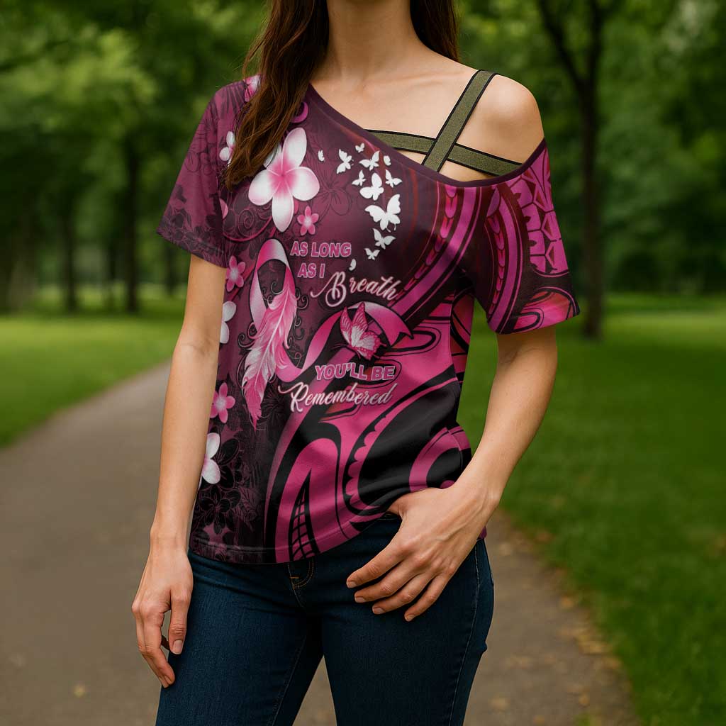 Personalised Memorial Breast Cancer Awareness Cross Shoulder Shirt Plumeria Floral Tribal Pattern LT05 - Polynesian Pride